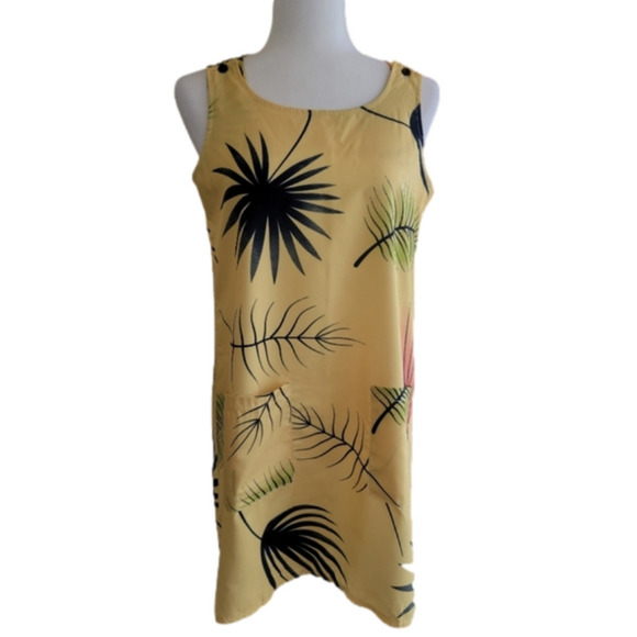 Yellow Tropical Print Sleeveless Sheath Dress Size Large - Picture 1 of 8